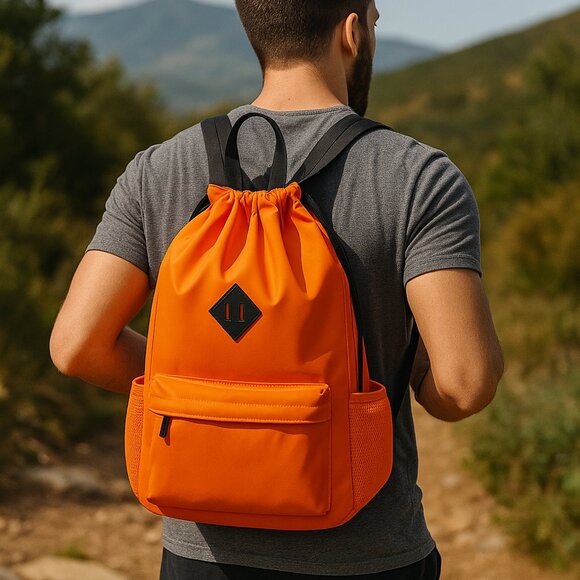 Waterproof Drawstring Gym Backpack Bag – Orange New - Picture 1 of 2